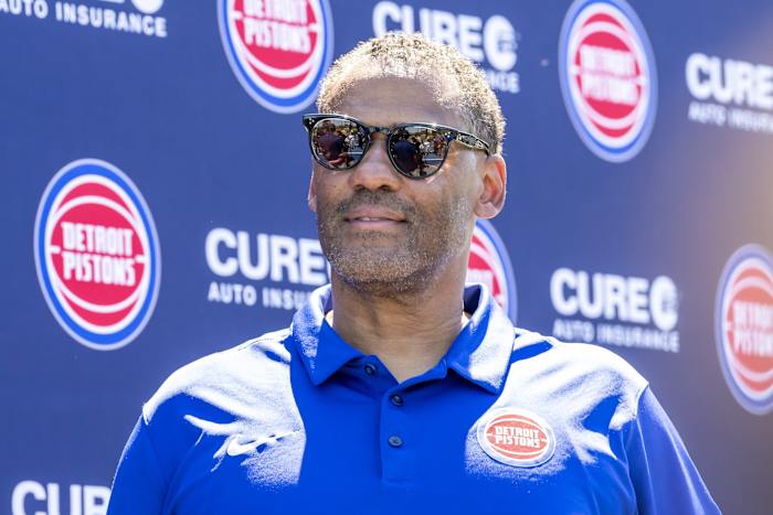 Detroit Pistons general manager Troy Weaver looks on during the Pistons 2022 NBA Draft Introductory Press Conference.